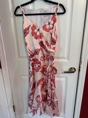White House Black Market Blush Pink Wrap Midi Dress with Red Floral Print